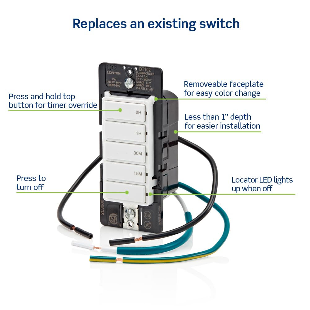 Leviton Countdown Timer Switch for Household Lights and Exhaust Fans, 15-30 min, 1-2 Hour, No Neutral Wire Required, Single Pole, 15A, 1/2HP/9.8A Fan/Motor, DT102-1LW, White 🍁 All In One Marketplace Canada
