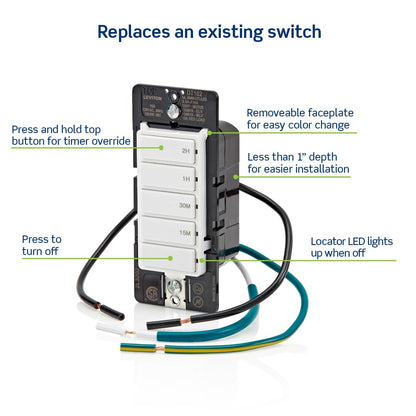 Leviton Countdown Timer Switch for Household Lights and Exhaust Fans, 15-30 min, 1-2 Hour, No Neutral Wire Required, Single Pole, 15A, 1/2HP/9.8A Fan/Motor, DT102-1LW, White 🍁 All In One Marketplace Canada