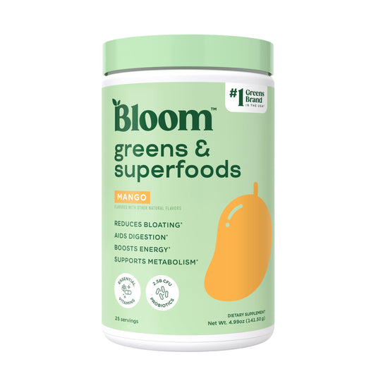 Bloom Nutrition Superfood Greens Powder, Digestive Enzymes with Probiotics and Prebiotics, Gut Health, Bloating Relief for Women, Chlorella, Green Juice Mix with Beet Root Powder, 25 SVG, Mango - Available at All In One Marketplace Canada