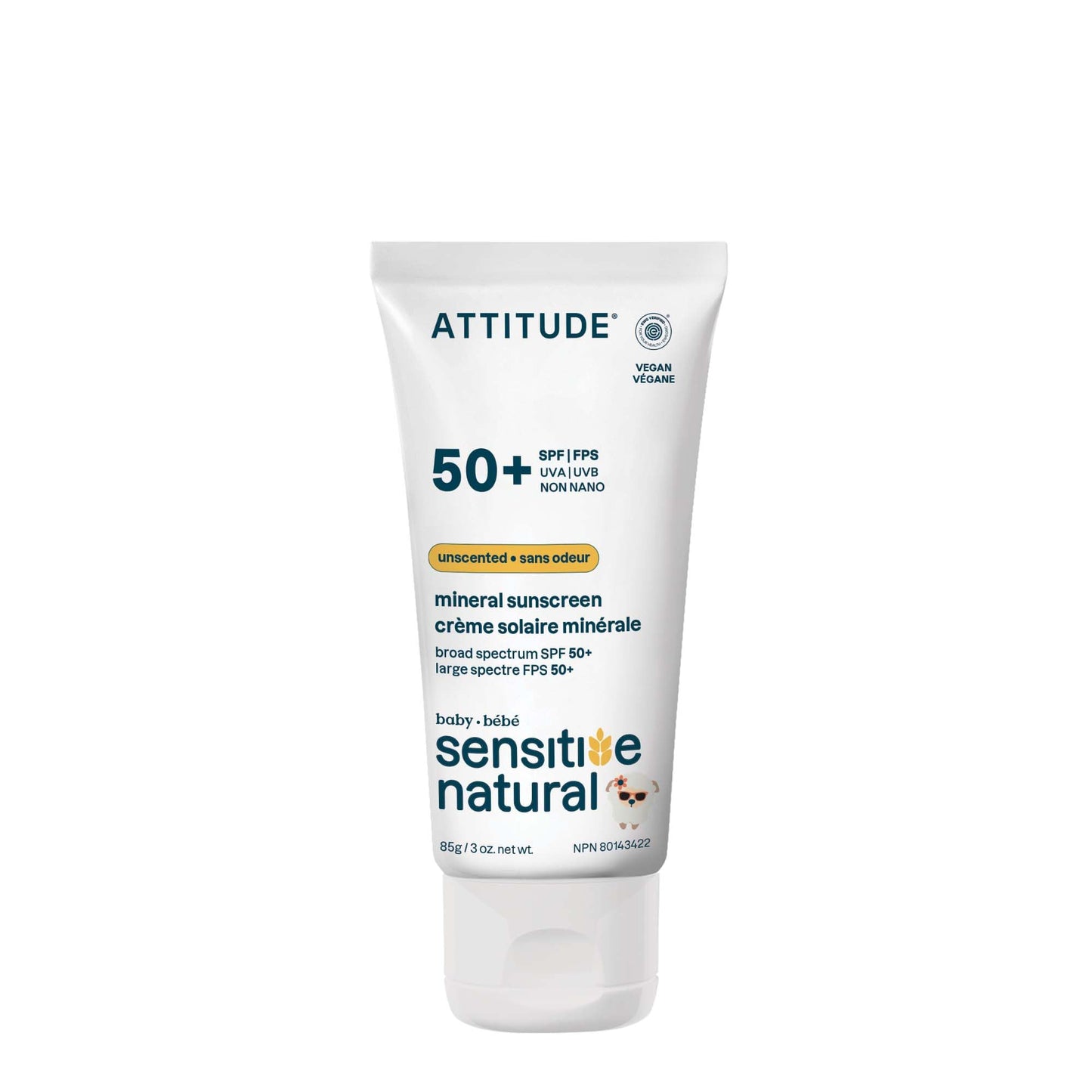 ATTITUDE Sensitive Skin Baby Mineral Sunscreen SPF 50, Broad Spectrum Zinc Oxide, EWG Verified, Mineral-Based, Non-Nano, Lightweight Cream for Face & Body, Unscented, 80 grams - Available at All In One Marketplace Canada