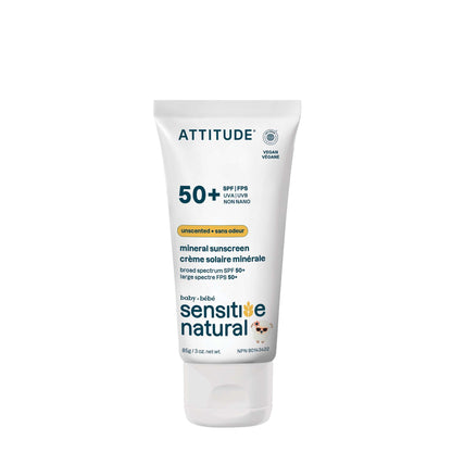 ATTITUDE Sensitive Skin Baby Mineral Sunscreen SPF 50, Broad Spectrum Zinc Oxide, EWG Verified, Mineral-Based, Non-Nano, Lightweight Cream for Face & Body, Unscented, 80 grams - Available at All In One Marketplace Canada