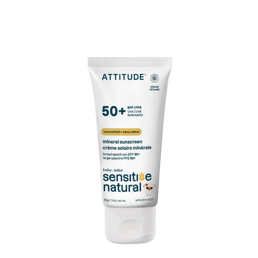 ATTITUDE Sensitive Skin Baby Mineral Sunscreen SPF 50, Broad Spectrum Zinc Oxide, EWG Verified, Mineral-Based, Non-Nano, Lightweight Cream for Face & Body, Unscented, 80 grams - Available at All In One Marketplace Canada