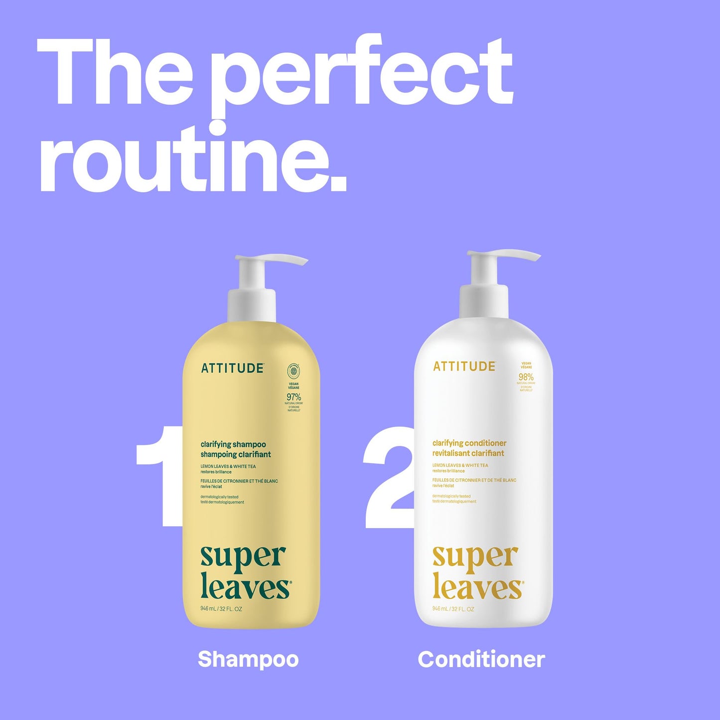 ATTITUDE Clarifying Hair Shampoo, EWG Verified, Restores Shine, Naturally Derived Ingredients, Vegan, Plant Based, Lemon Leaves & White Tea, 946 mL