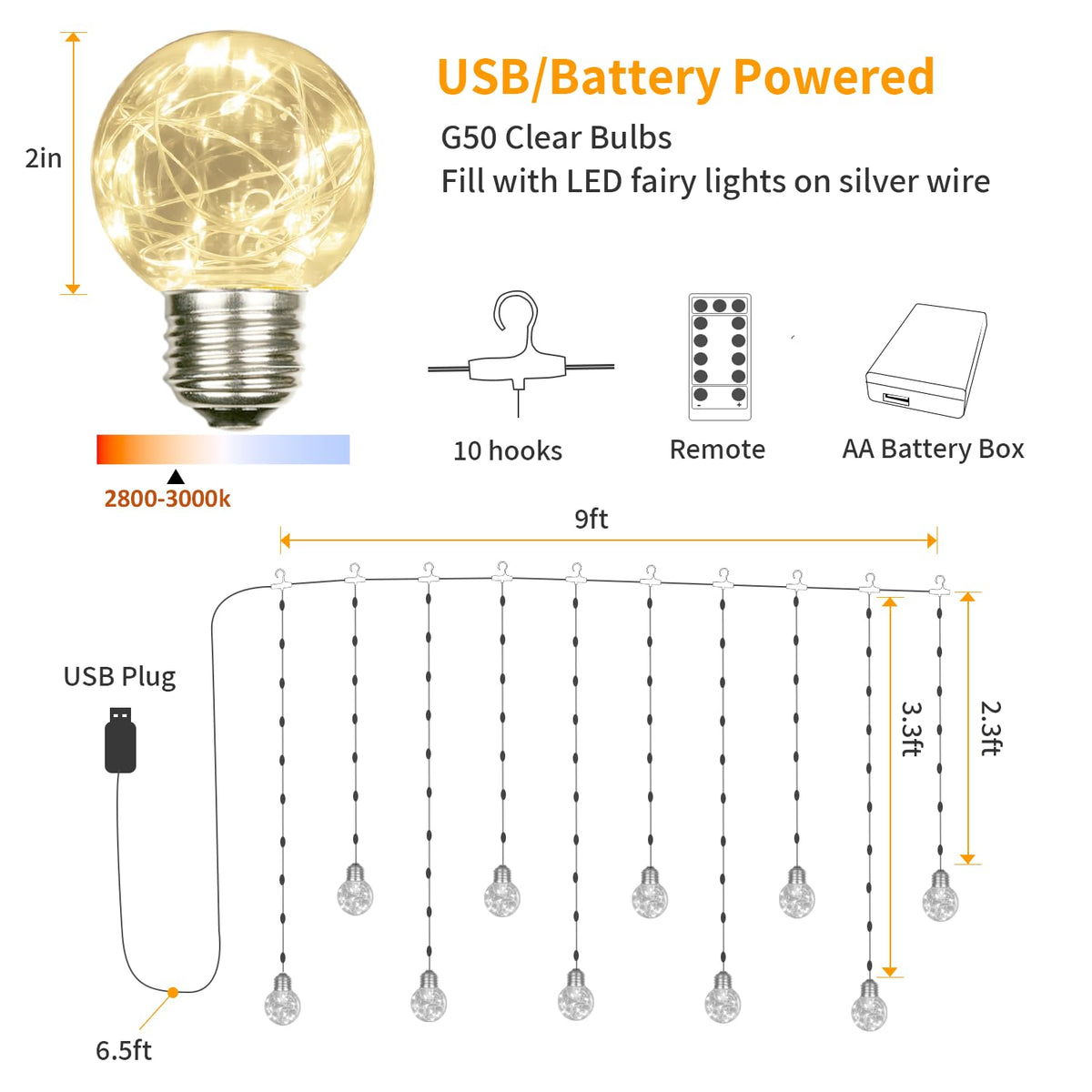 YOLIGHT Wish Ball Curtain Lights 200 LED Window Curtain String Lights with Remote, USB Battery Operated Twinkle Globe Fairy Lights for Bedroom Wedding Party Christmas Decoration (Warm White) 🍁 All In One Marketplace Canada