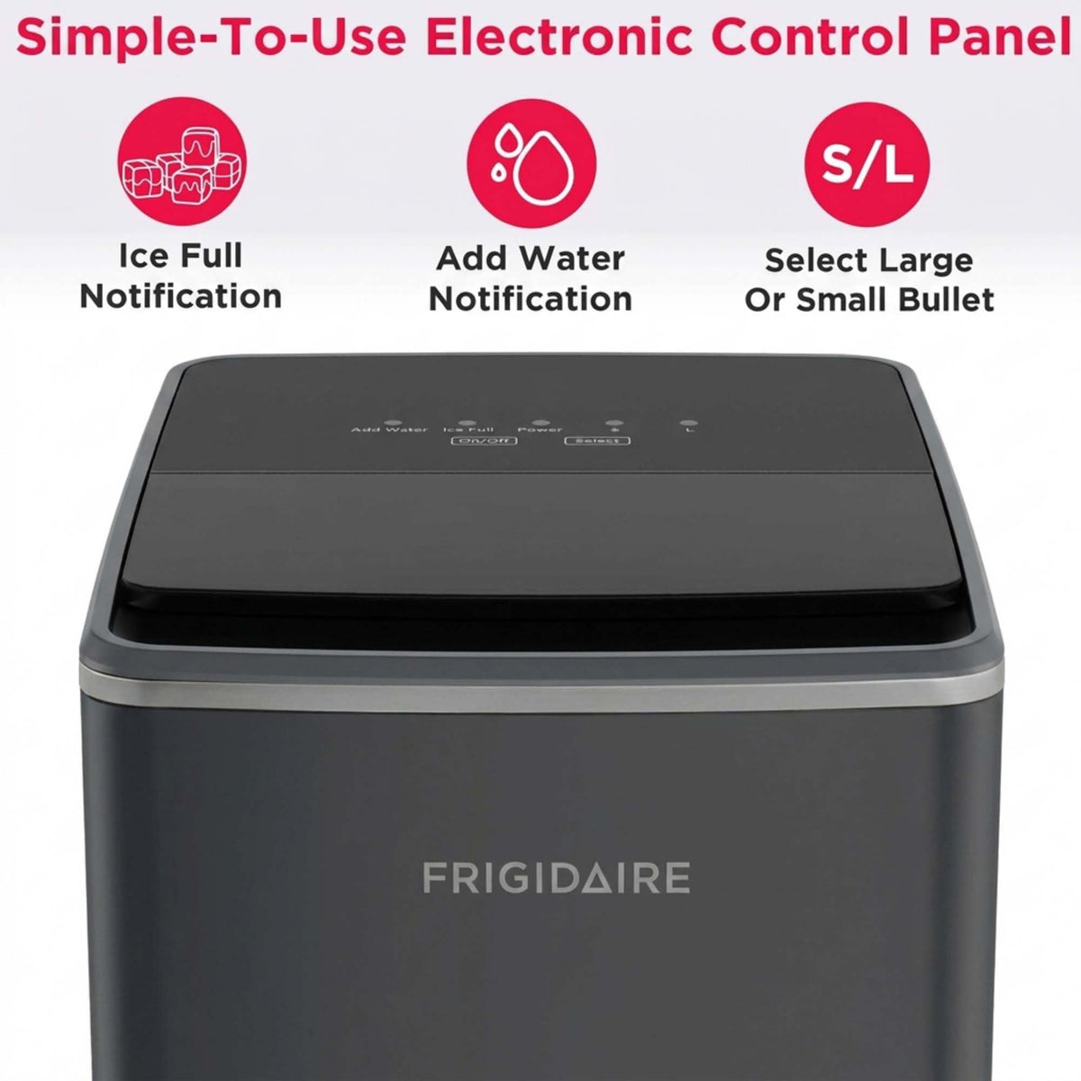 Frigidaire, Countertop Ice Maker, 26 lbs per Day – Fast Bullet Ice Making Machine with Touch Display, 9 Pieces in 7–15 Minutes, Portable Ice Machine for Home Kitchen, Office & RV, Grey