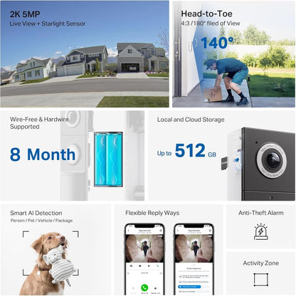 TP-Link Tapo Smart Video Doorbell Camera with Chime, Battery or Wired, 2K 5MP Color Night Vison, No Monthly Fee, 180° Ultra-Wide Head-to-Toe View, Free AI Detection, Cloud & Local Storage (Tapo D235) 🍁 All In One Marketplace Canada