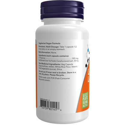 NOW Supplements, L-Theanine 100 mg with Decaf Green Tea, Stress Management, 90 Veg Capsules NOW