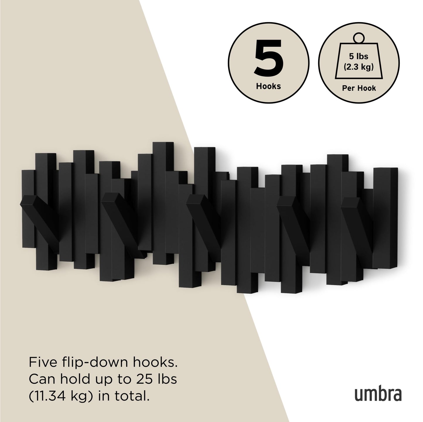 Umbra Sticks Wall-Mounted Coat Rack Rail Hook with 5 Retractable Pegs – Modern, Space-Saving Storage Organizer, Black Umbra
