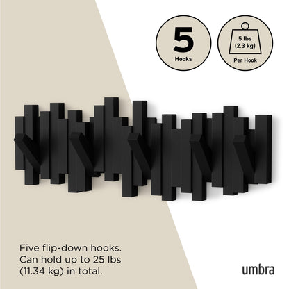 Umbra Sticks Wall-Mounted Coat Rack Rail Hook with 5 Retractable Pegs – Modern, Space-Saving Storage Organizer, Black Umbra
