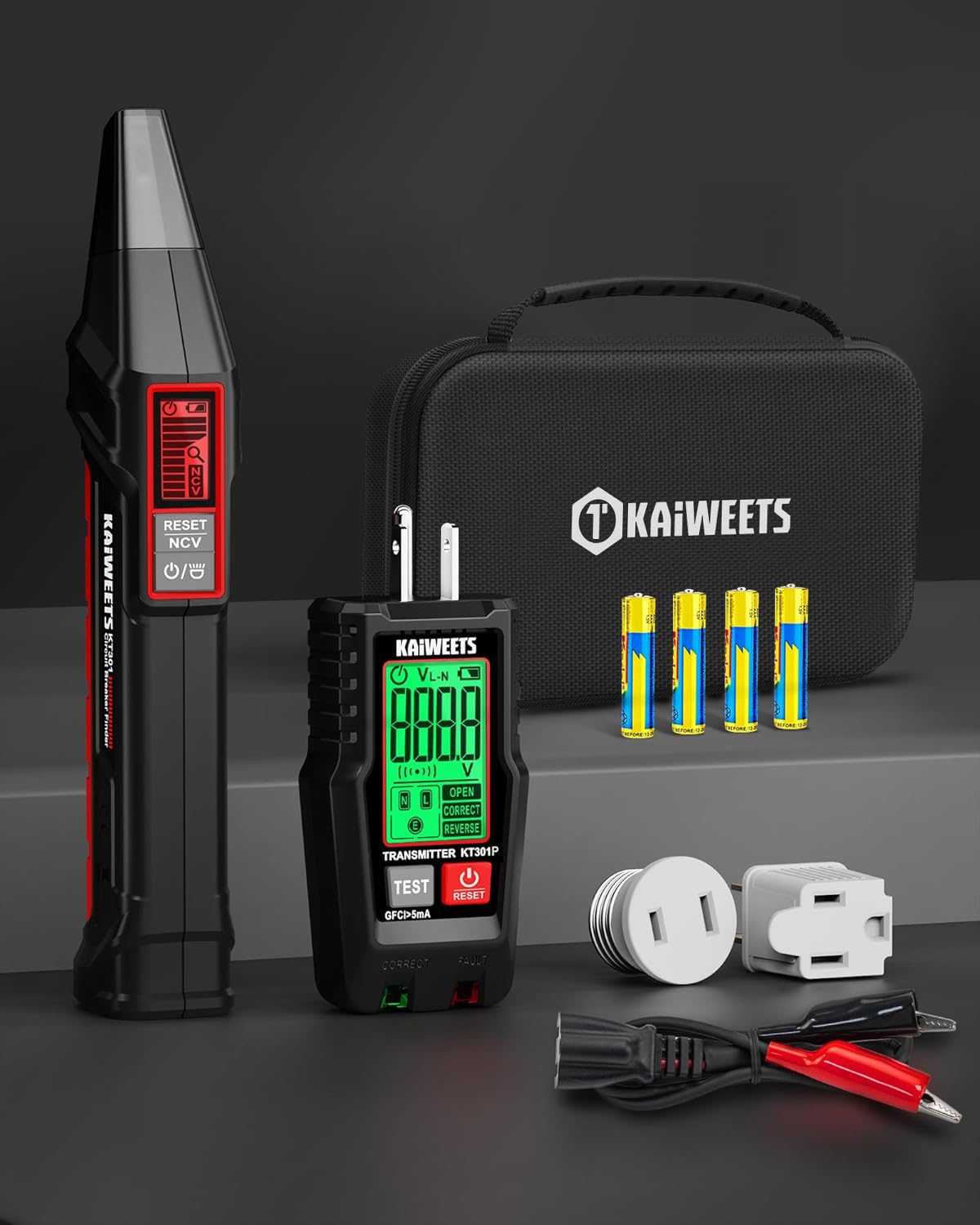 KAIWEETS Circuit Breaker Finder with LCD Display, GFCI Outlet Tester, Electrical Circuit Tracer Tool with NCV Test & Flashlight, Includes Carrying Case and Adapters- KT301P - Available at All In One Marketplace Canada