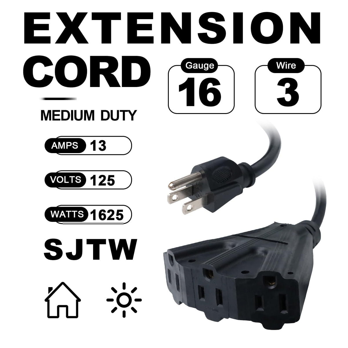 EP 15 Ft Outdoor Extension Cord with 3 Electrical Power Outlets - 16/3 SJTW Black Cable with 3 Prong Grounded Plug for Safety Great for Christmas Lights, Garden and Major Appliances 🍁 All In One Marketplace Canada