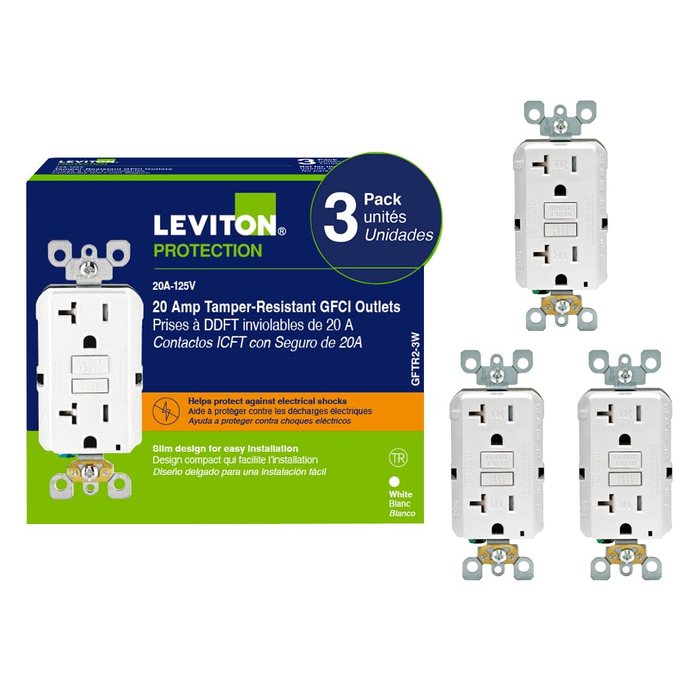 Leviton 3-Pack GFCI, 20 Amp Tamper-Resistant Receptacle with Led Indicator, Self-Test, SmartlockPro Slim, GFTR2-03W, White