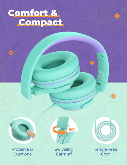 iClever 2Pack Kids Headphones with Sharing Splitter - 85dBA Safe Volume Limited - HS22 Wired Headphones for Kids Teens, Tangle-Free 3.5mm Jack Foldable Stereo Headphone for School/Tablet/Travel