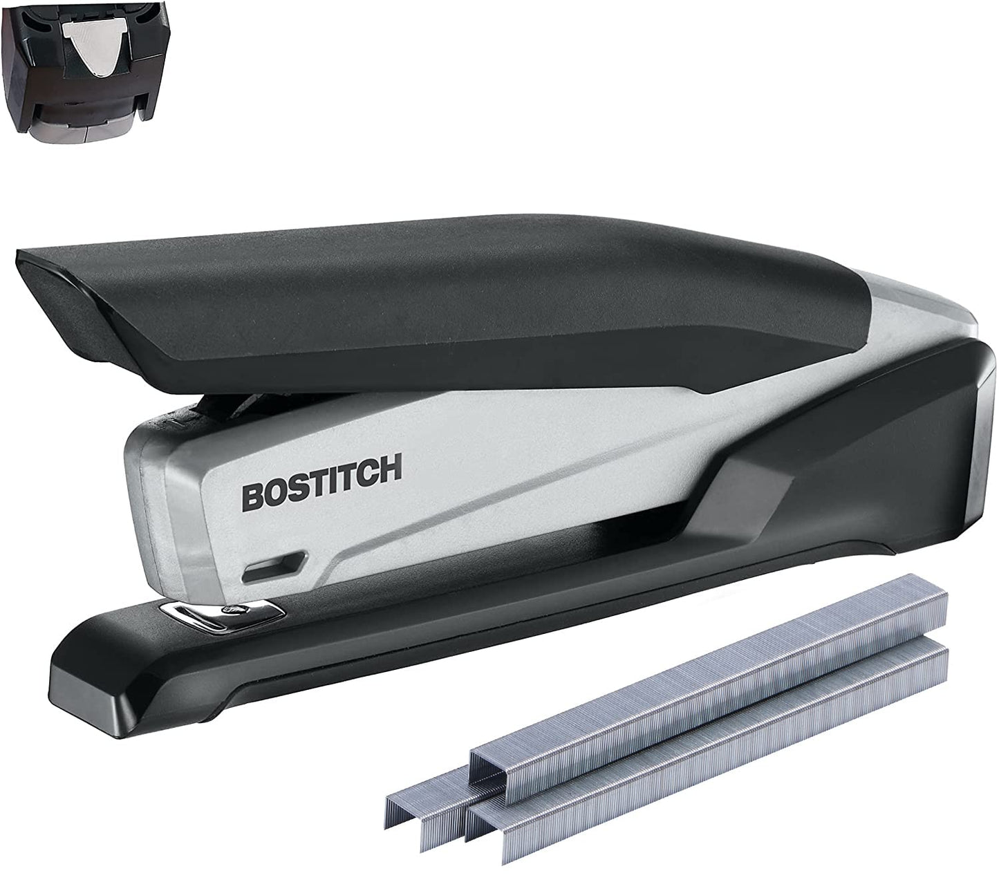Bostitch Office Executive 3 in 1 Stapler, Includes 210 Staples and Integrated Staple Remover, One Finger Stapling, No Effort, 20 Sheet Capacity, Spring Powered Stapler, Black/Gray (INP20) Bostitch
