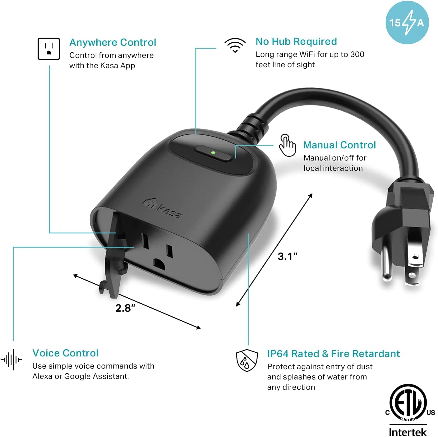 Kasa Smart Outdoor Smart Plug by TP-Link (KP401) - Single Port Smart Home WiFi Outlet, IP64 Weather Resistance, Works with Alexa and Google Home, 2.4GHz WiFi Required, No Hub Required, Black