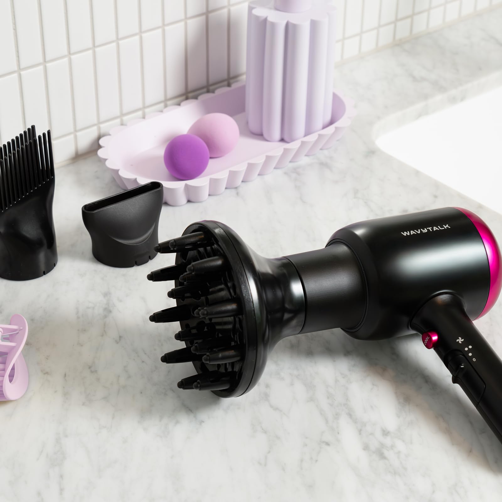 Wavytalk Hair Dryer with Diffuser, Blown Away Ionic Hair Dryer for Curly Hair, 1875W Fast Drying Blow Dryer with Ceramic Technology, 3 Attachments for All Hair Types, Light and Quiet, Muted Black - Available at All In One Marketplace Canada