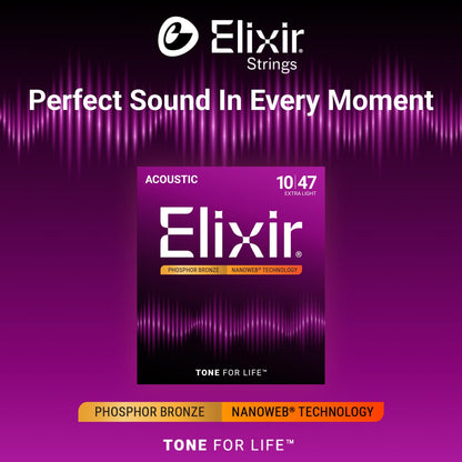 Cordes de guitare acoustique Elixir 16002 Phosphor Bronze Nanoweb Coating - Extra Light 10-47