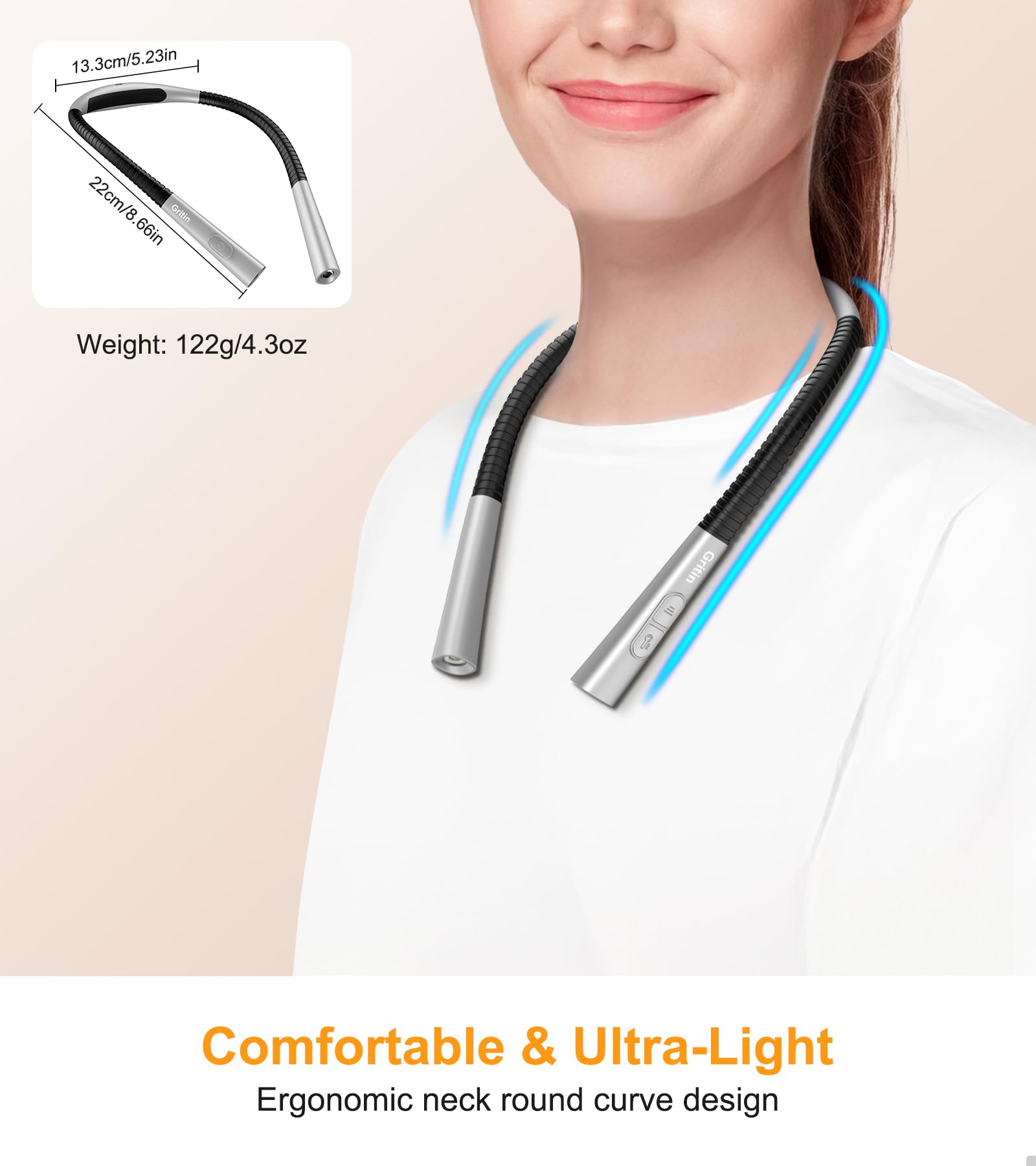 Gritin Rechargeable Book Light, Eye Caring Neck Reading Light 4-Color&5-Brightness, Stepless Dimming, 30-min Timer, 80H+ Runtime, Bendable Round Neck Design, Lightweight for Reading,Knitting,Repairing - Available at All In One Marketplace Canada