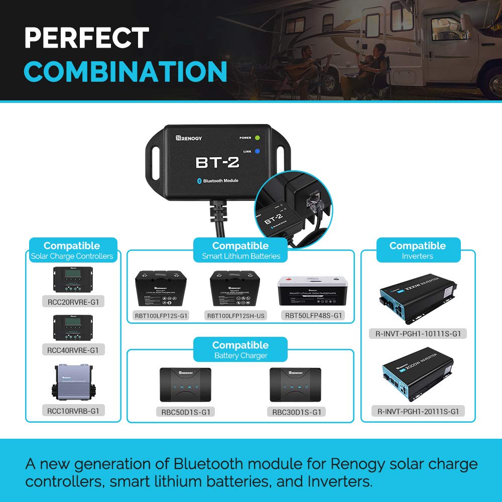 Renogy BT-2 Bluetooth Module RJ45 Communication Port Wirelessly Monitor Real-time Insight Precise Control, Compatible Solar Charge Controllers, Battery Charger, Inverter, BT-2 RS485 Renogy