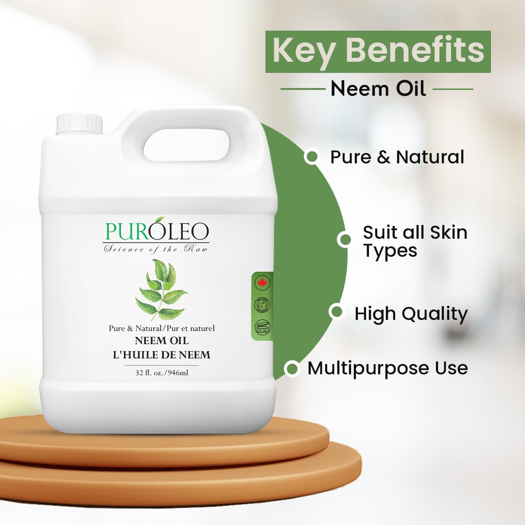 PUROLEO NEEM Oil 32 Fl Oz/946 ML (Packed In Canada) Pure and Natural Neem Oil for Multipurpose Use | Neem Oil extracted from NEEM Plante Chemical free Neem Oil Spray