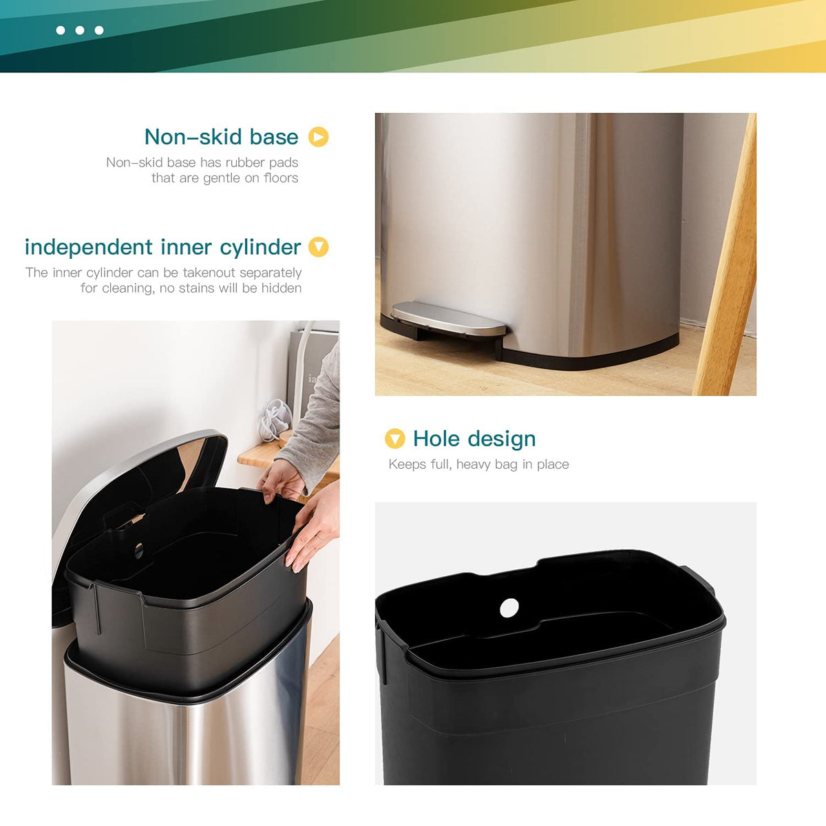 FDW 13 Gallon/50L Trash Can, Stainless Steel Kitchen Wastebaskets with Lid, Fingerprint-Proof, Slow Close for Office Bedroom Bathroom （Stainless Steel）