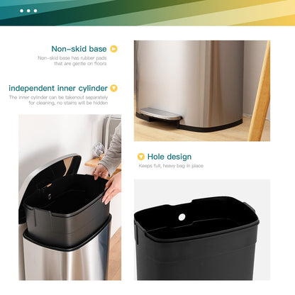 FDW 13 Gallon/50L Trash Can, Stainless Steel Kitchen Wastebaskets with Lid, Fingerprint-Proof, Slow Close for Office Bedroom Bathroom （Stainless Steel）