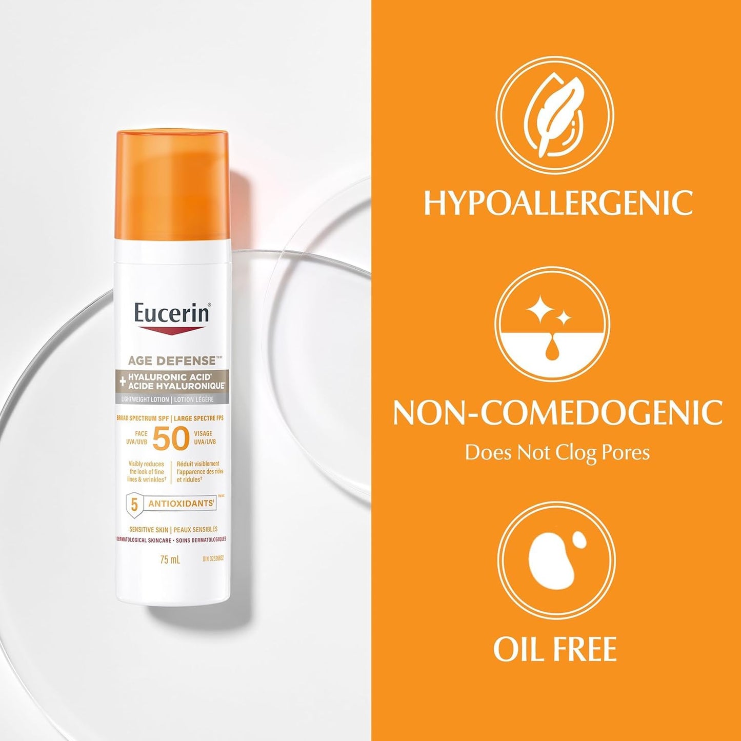 Eucerin Sun Age Defense Face Sunscreen SPF 50, Facial Sunscreen with Hyaluronic Acid and Antioxidants, Body SPF 50 Lotion with UVA-UVB Sun Protection, For Sensitive & Aging Skin, Reduce the look of fine line & wrinkles*, Fragrance Free & Non Greasy, 75mL - Available at All In One Marketplace Canada