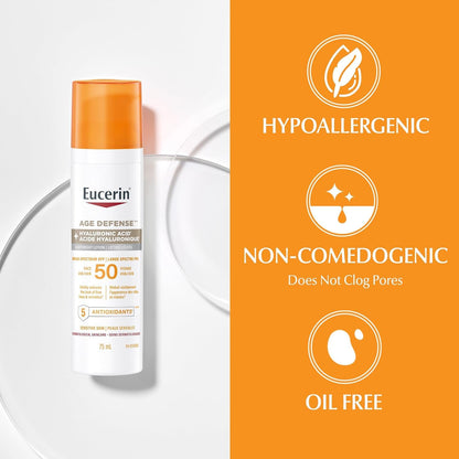Eucerin Sun Age Defense Face Sunscreen SPF 50, Facial Sunscreen with Hyaluronic Acid and Antioxidants, Body SPF 50 Lotion with UVA-UVB Sun Protection, For Sensitive & Aging Skin, Reduce the look of fine line & wrinkles*, Fragrance Free & Non Greasy, 75mL - Available at All In One Marketplace Canada