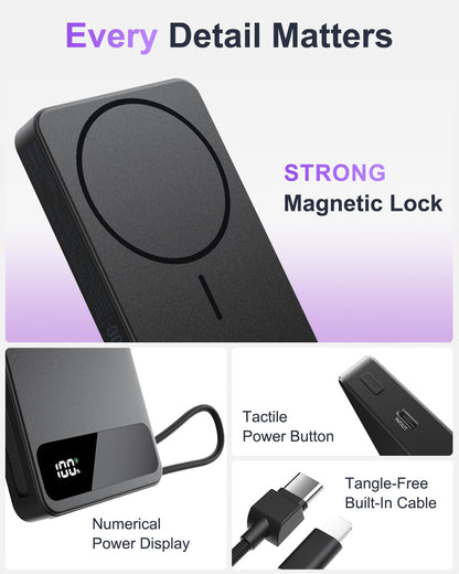 Magnetic Power Bank, 10,000mAh Wireless Portable Charger for Mag-Safe 15W Fast Charging, Battery Pack with USB-C/Lightning Cable 22.5W in/Out for iPhone 17/16/15/14/13/12 Series, AirPods & More - Available at All In One Marketplace Canada