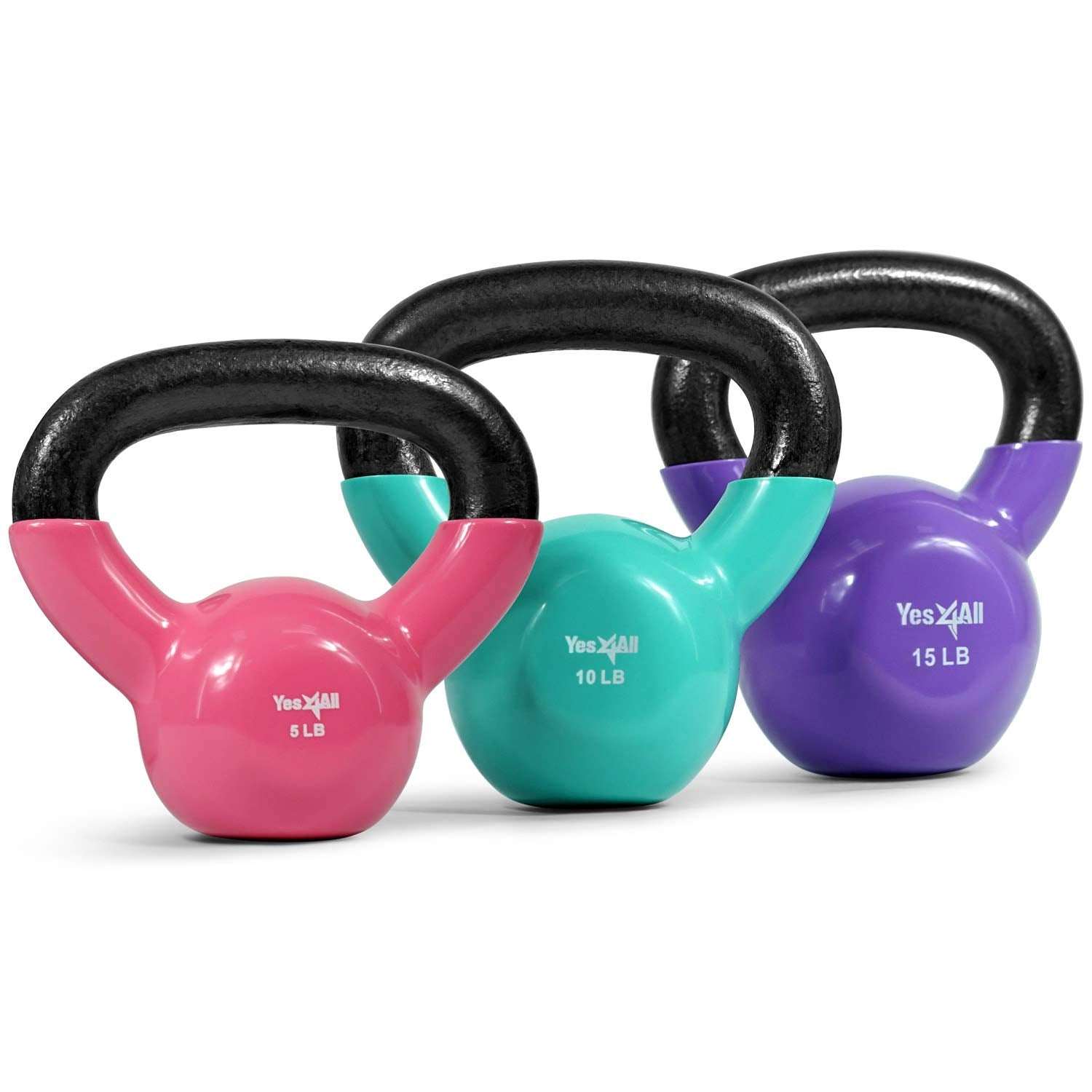 Yes4All Combo Special: Vinyl Coated Kettlebell Weight Sets – Weight Available: (Multicolor - 5, 10, 15 lbs) Yes4all