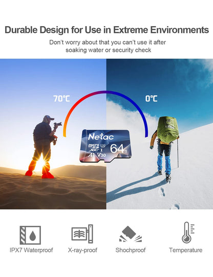 Netac 64GB 2 Pack Micro SD Card Speed up to 100MB/s for Action Cameras, Drones, Smartphones and Tablets, Memory Card SDXC UHS-I C10/U3/V30/A1 EXFAT