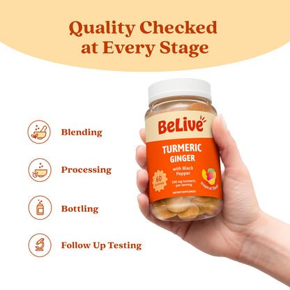 BeLive Turmeric Curcumin with Black Pepper & Ginger - 60 Gummies I Turmeric and Ginger Supplement for Immune Support, Healthy Skin, and Mobility - Tropical Flavor - Available at All In One Marketplace Canada