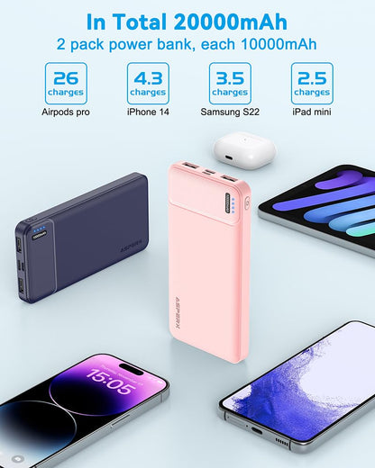 AsperX Power Bank 2 Pack, 10000mAh USB C Portable Charger for iPhone, Portable Battery Bank with 3 Outputs, Travel Essentials Battery Pack Power Bank for iPhone Series, Smartphones, Earphones and More 🍁 All In One Marketplace Canada