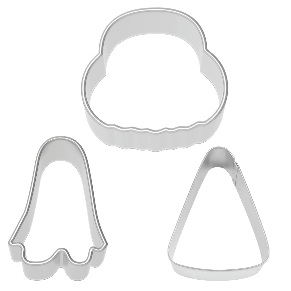 Ensemble de 3 emporte-pièces Halloween R&M en acier inoxydable – Inclut un fantôme, un seau à citrouille et un bonbon maïs