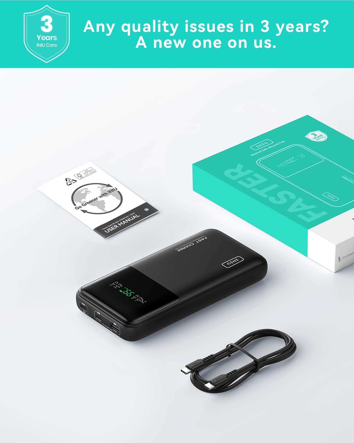 INIU 140W Laptop Power Bank, Flight-Safe 27000mAh High Capacity Portable Charger with USB C Cable, Digital Display Phone Charger, 3 Ports Travel External Battery Pack for MacBook iPad Steam Deck etc