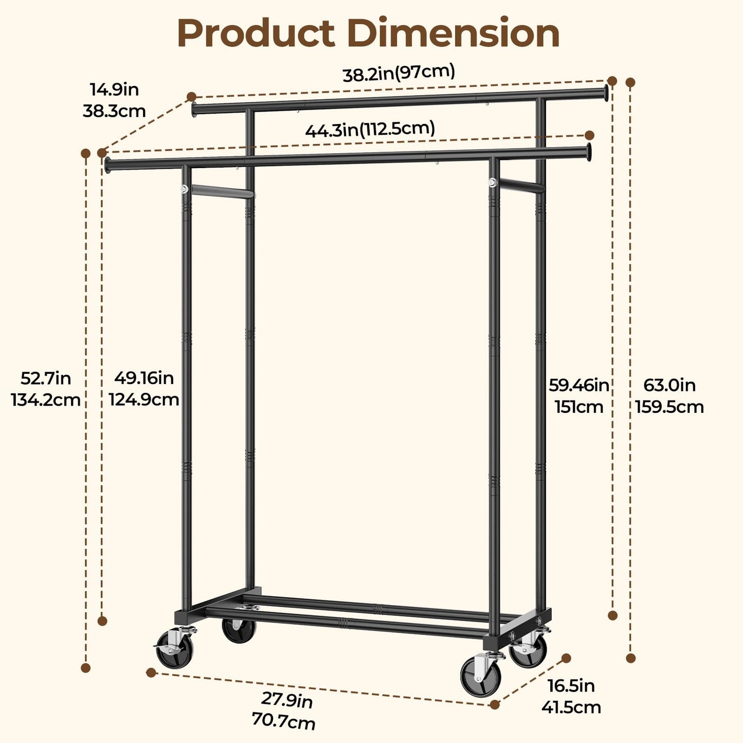 HYSEYY Double Rods Clothing Rack, Rolling Clothes Rack, Metal Garment Rack with 4 Lockable Wheels & Storage Shelf, Sturdy Coat Rack for Bedroom, Laundry, Living Room - 160H x 113W x 42D cm (Black) - Available at All In One Marketplace Canada