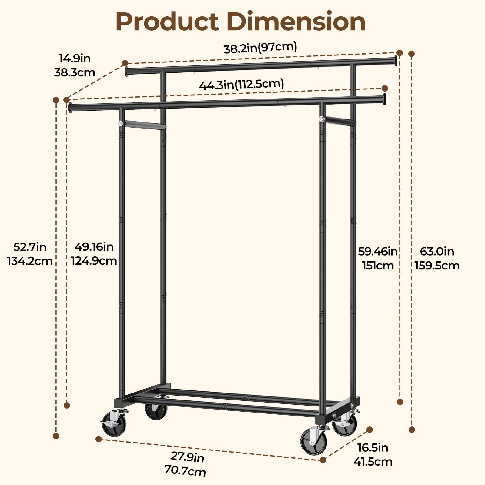 HYSEYY Double Rods Clothing Rack, Rolling Clothes Rack, Metal Garment Rack with 4 Lockable Wheels & Storage Shelf, Sturdy Coat Rack for Bedroom, Laundry, Living Room - 160H x 113W x 42D cm (Black) - Available at All In One Marketplace Canada