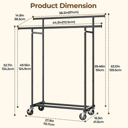 HYSEYY Double Rods Clothing Rack, Rolling Clothes Rack, Metal Garment Rack with 4 Lockable Wheels & Storage Shelf, Sturdy Coat Rack for Bedroom, Laundry, Living Room - 160H x 113W x 42D cm (Black) - Available at All In One Marketplace Canada
