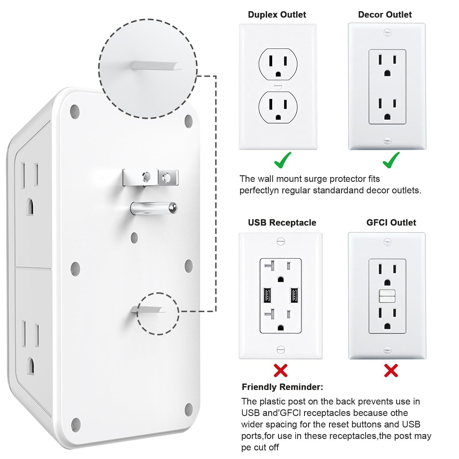JcBlaon Outlet Extender Surge Protector - 6 Outlet Splitter with 4 USB Ports (2 USB C), Multiple Plug Expander Wall Charger, 3 Sided Multi Plug Wall Adapter Power Strip for Home Office Kitchen Travel