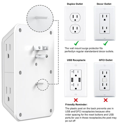 2 Pack Outlet Extender Surge Protector, 6 Outlet Splitter with 4 USB Outlet (2 USB A,2 USB C), 3Sided Power Strip with Adapter Spaced Outlets for Home, Office, Travel(White)