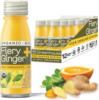 Greenhouse Juice Fiery Ginger Wellness Shot 12-Pack 60ml Glass Bottles | Organic, Vegan, Gluten-Free, Immune Support & Anti-Inflammatory
