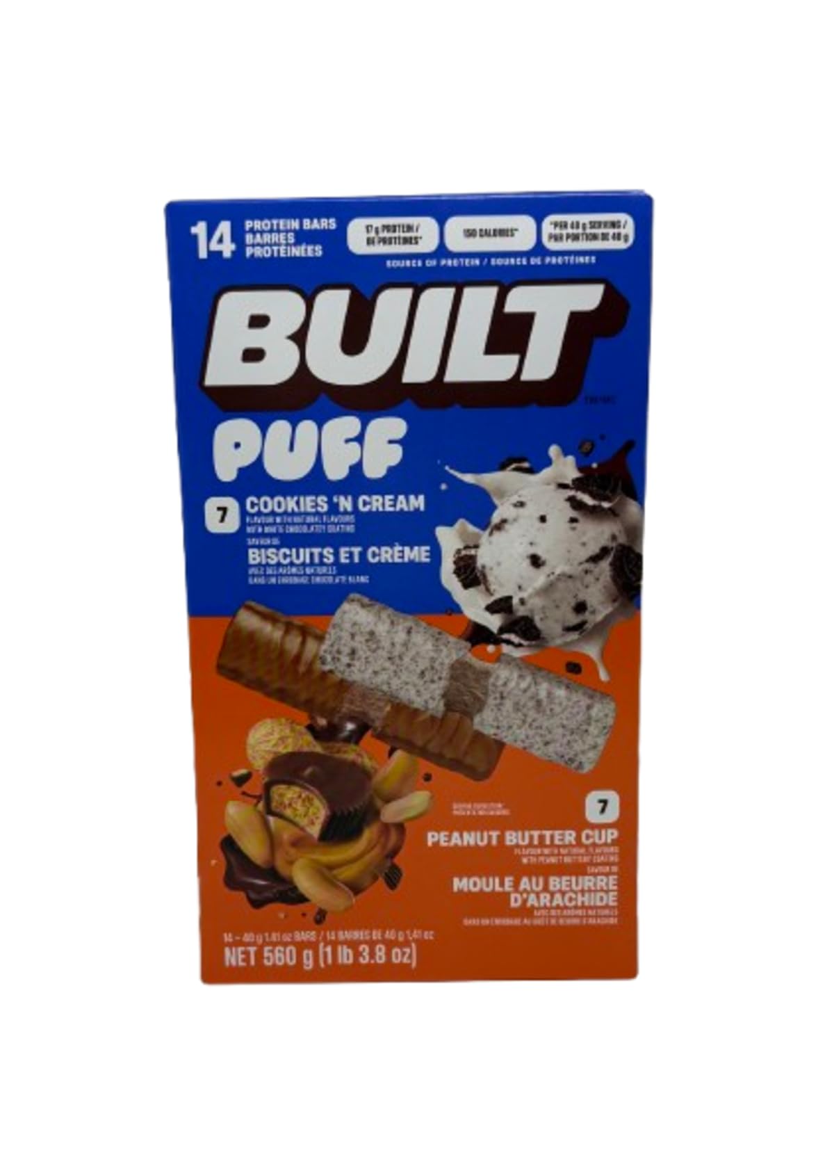 Built Puff Protein Bars Variety Pack - Cookies n' Cream & Peanut Butter Cup, 14 Count (40g each) | 17g Protein | Gluten-Free