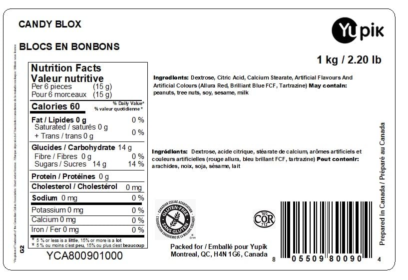 Yupik Candy Blox, 1 kg, paquet de 6, bonbons pressés, sans gluten, casher, saveurs fruitées, friandises en forme de briques, recharges pour distributeurs de bonbons, amusant et nostalgique, idéal pour offrir, Halloween et fêtes