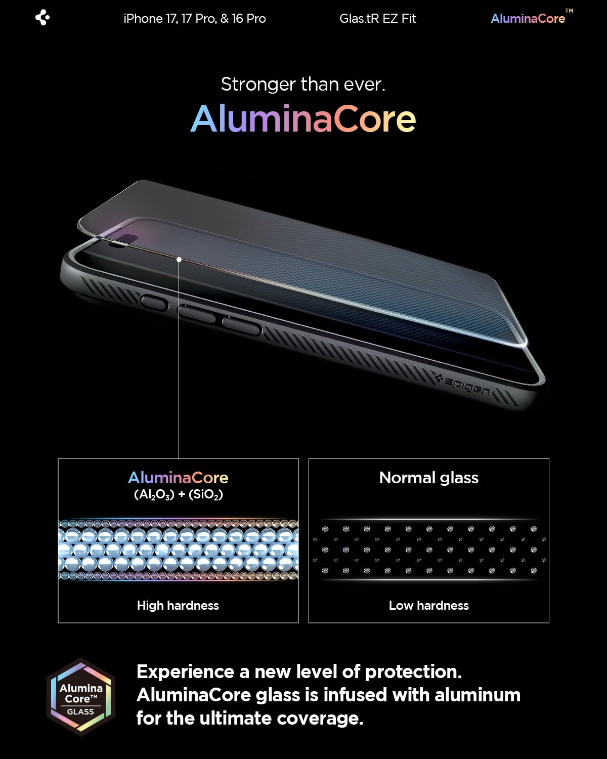 Spigen AluminaCore Tempered Glass Screen Protector [Glas.tR EZ Fit] designed for iPhone 17 Pro | iPhone 17 | iPhone 16 Pro [2 Pack] 9H+ Hardness, Aluminum-Enhanced Durability - Available at All In One Marketplace Canada