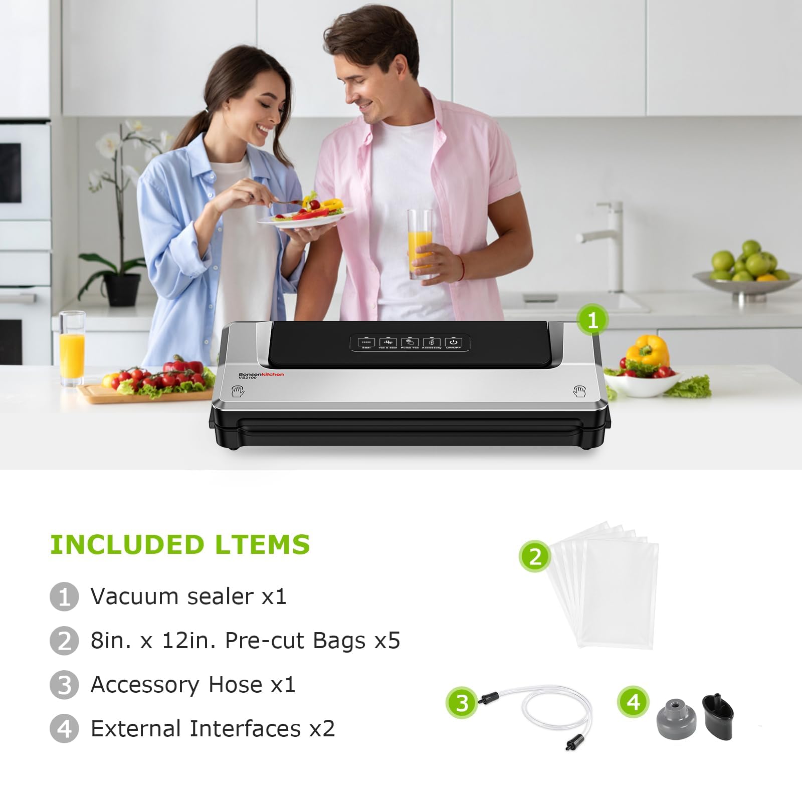 Bonsenkitchen Vacuum Sealer Machine, 90Kpa Powerful Food Sealer, Multi-Functional Food Vacuum Sealer with Vacuum Bags & Accessory Hose,Globefish Technology for High-Speed Continuous Working, Silver - Available at All In One Marketplace Canada