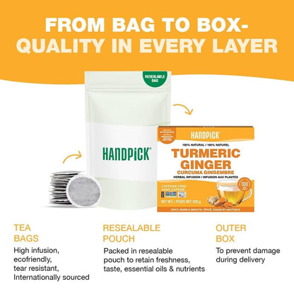 HANDPICK, Turmeric Ginger Tea, 100 Eco-Conscious Tea Bags | Caffeine Free, Gluten Free | 100% Pure Herbal Blend - Savory & Spicy | Curcumin | Packed in Eco-Friendly Tea Bags