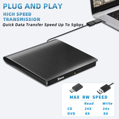 External CD DVD Drive, Portable USB 3.0 Type-C CD Burner CD +/-RW Drive DVD Player for ROM Rewriter Burner Compatible with Laptop Desktop PC Windows MacBook Linux Mac OS