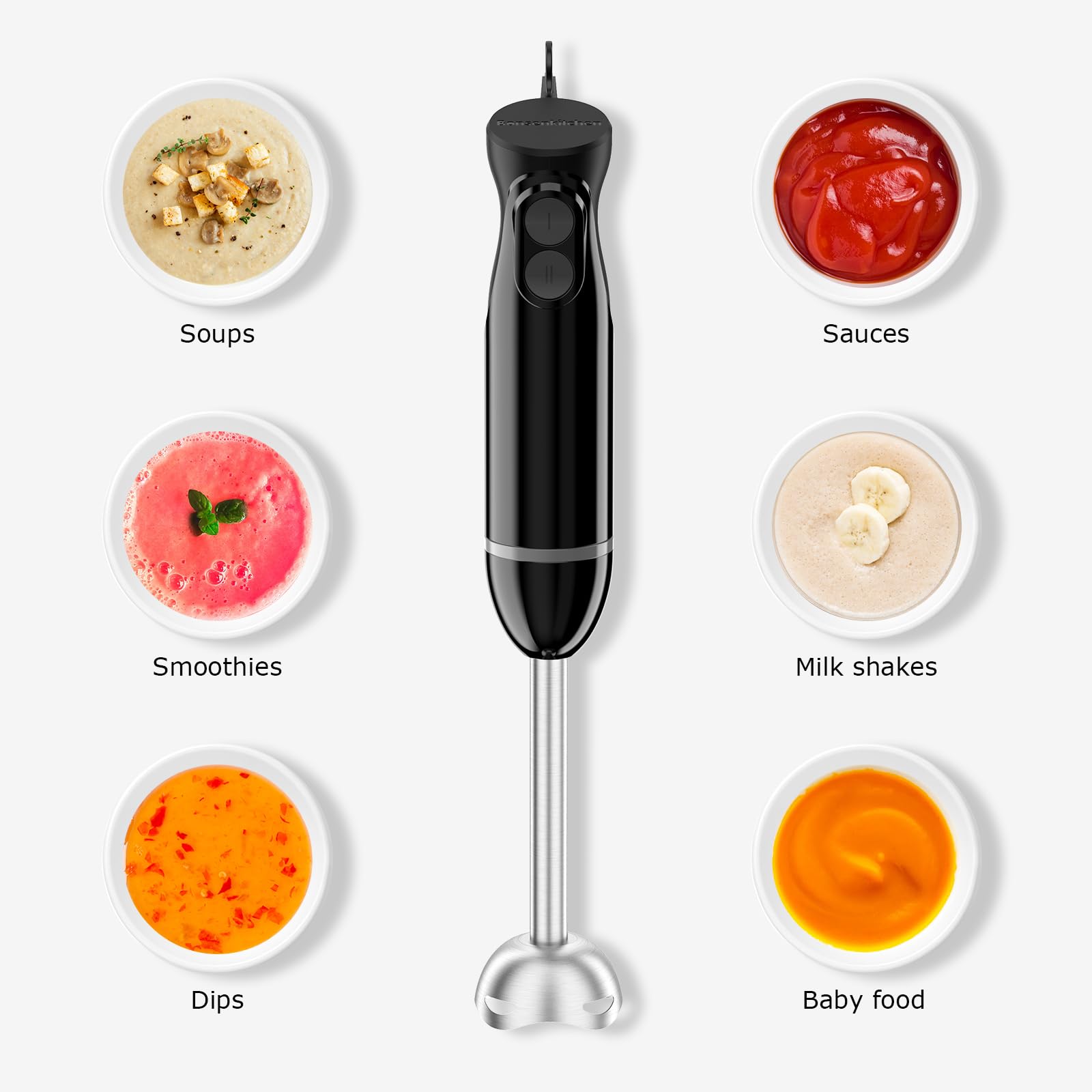 Bonsenkitchen Hand Blender, Immersion Blender with 2 Mixing Speed, Electric Handheld Blender Portable Stick Mixer with Stainless Steel Blades for Soup, Smoothie, Puree, Baby Food - Available at All In One Marketplace Canada