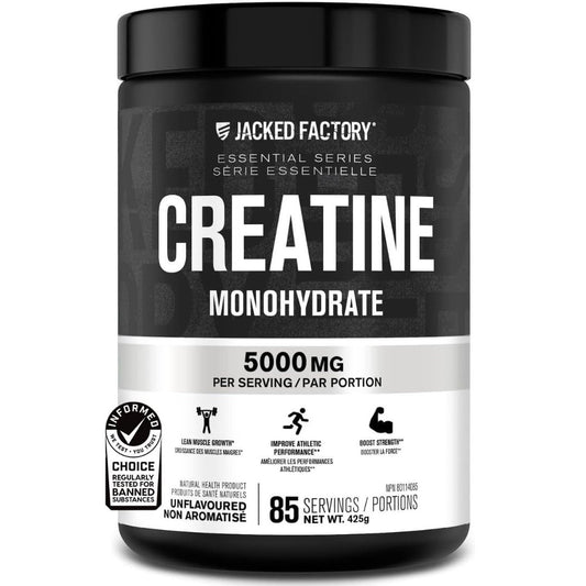 Jacked Factory Creatine Monohydrate Powder 425g - Canadian-Owned Informed Choice Certified Supplement for Increased Muscle Mass*, Improved Strength, Power, & Performance** - 85 Servings, Unflavored