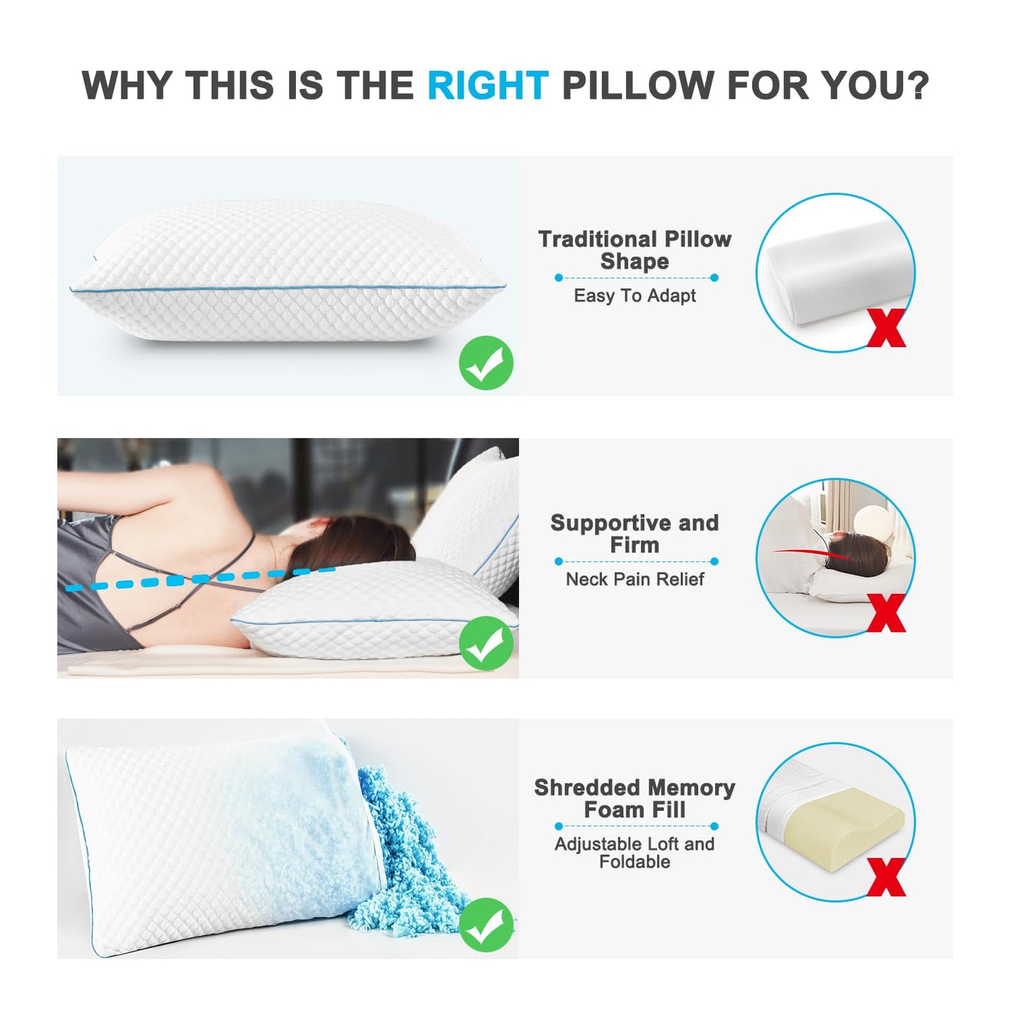 VVZ Cooling Shredded Memory Foam Pillows Queen Size 2 Pack, Adjustable Firm Bed Pillows for Side Back Stomach Sleepers, Luxury Gel Pillow for Hot Sleepers with Breathable Washable Cover - Available at All In One Marketplace Canada